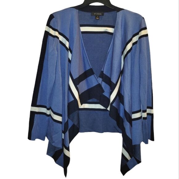 St. John’s Draped Waterfall Open Cardigan Blue White Stripe Knit Wool Blend M - Picture 2 of 11